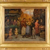 Alt text: Oil painting of common people shopping and chatting on a street in the Lower East Side, framed