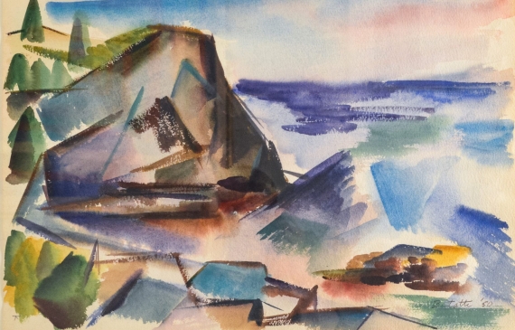 Alt text: Abstracted watercolor with geometric forms depicting a rising hill on the coast beside open water