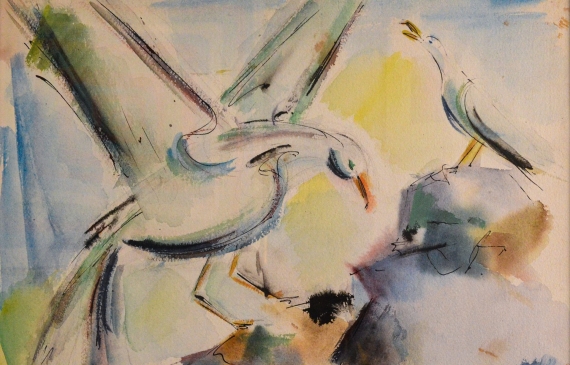 Alt text: Watercolor of seagulls on the coast