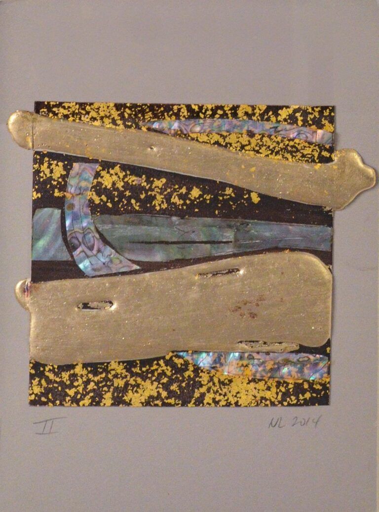 Alt text: Mixed media artwork with gold