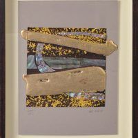 Alt text: Mixed media on paper work with abstract patterns of abalone and shining gilt surfaces
