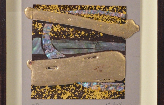 Alt text: Mixed media on paper work with abstract patterns of abalone and shining gilt surfaces