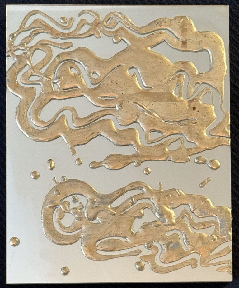 Alt text: Mixed media artwork with gold on mirror