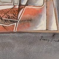 Alt text: Detail of bottom right corner of abstract painting, signed