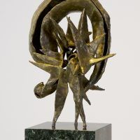 Alt text: Abstract bronze sculpture with rounded top fixed to a marble base, angled view