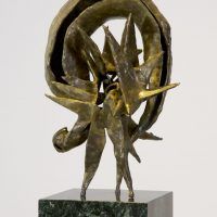 Alt text: Abstract bronze sculpture with rounded top fixed to a marble base, angled view