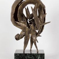 Alt text: Abstract bronze sculpture with rounded top fixed to a marble base, frontal view