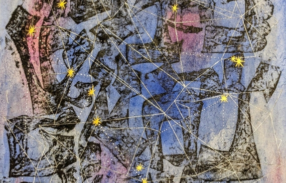 Alt text: Abstract painting with letters and constellation pattern