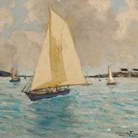 Alt text: Painting of a sailboat on slightly choppy water, with other boats and coastline in the background
