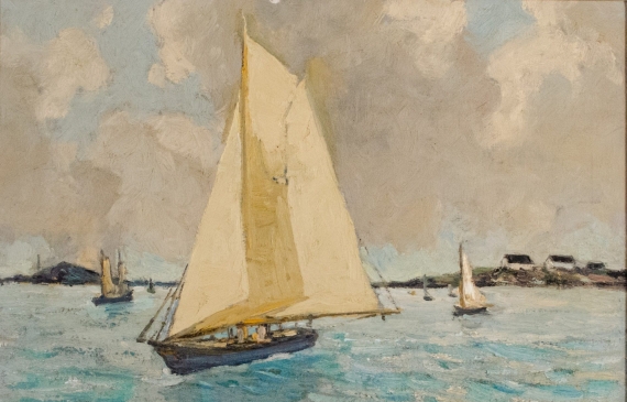 Alt text: Painting of a sailboat on slightly choppy water, with other boats and coastline in the background, with frame