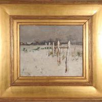 Alt text: Painting of a snow covered field with part of a fence in the foreground and a farmhouse in the background