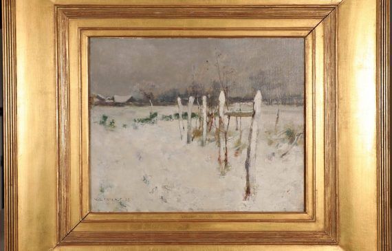 Alt text: Painting of a snow covered field with part of a fence in the foreground and a farmhouse in the background