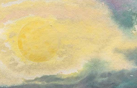 Alt text: Painting of the sun shining through a break in dark clouds that appear as rippling sheets