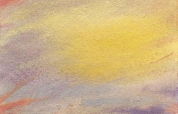 Alt text: Painting of a hazy cloud-filled sky with sunlight streaming in from the right