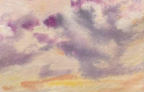 Alt text: Painting of tufted clouds streaking in different patterns across the sky