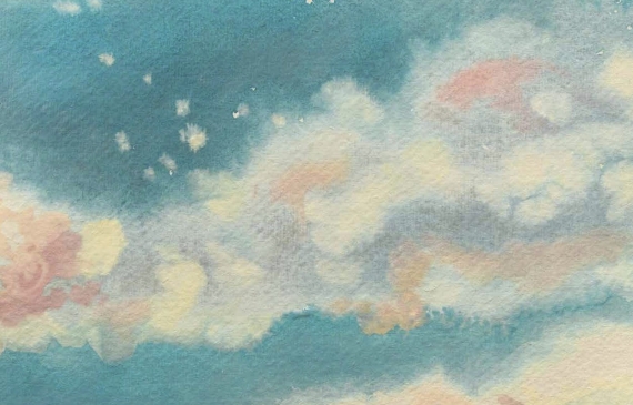 Alt text: Painting of the sky showing through breaks in poofy clouds 