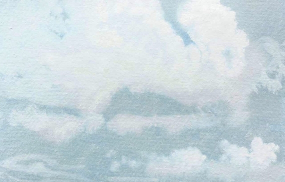 Alt text: Painting of fluffy cumulus clouds on a calm day