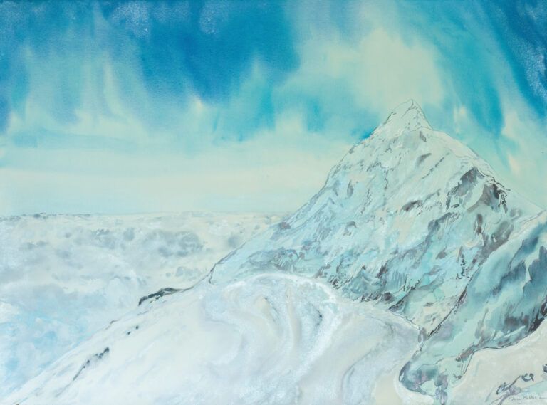 Alt text: watercolor painting of snow-covered mountains