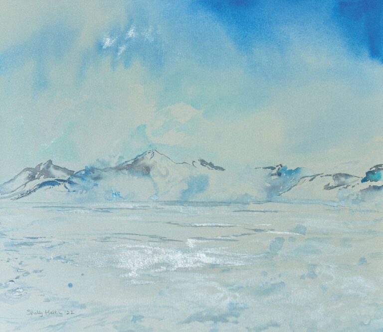 Alt text: watercolor painting of snow-covered mountains