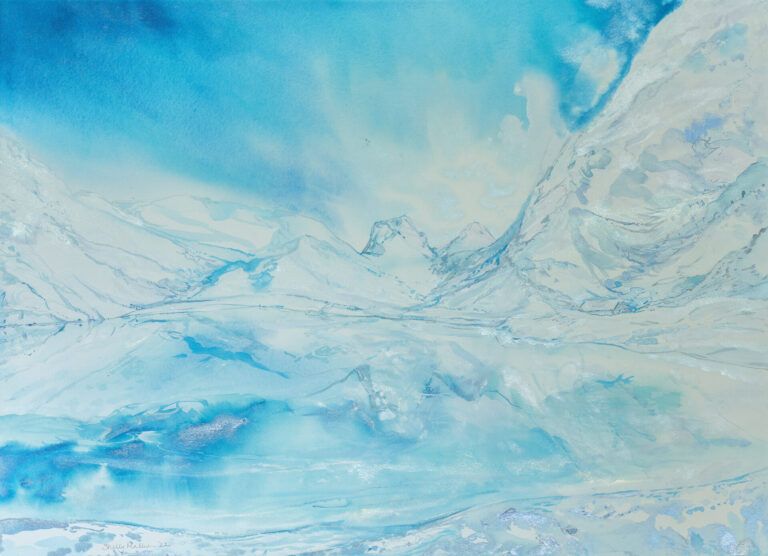 Alt text: watercolor painting of snow-covered mountains