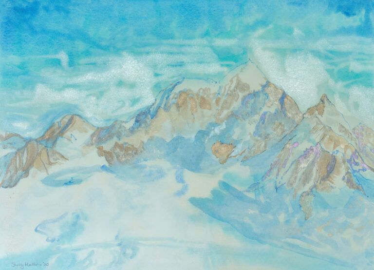 Alt text: watercolor painting of snow-covered mountains