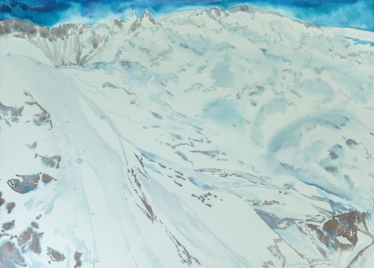 Alt text: watercolor painting of snow-covered mountains