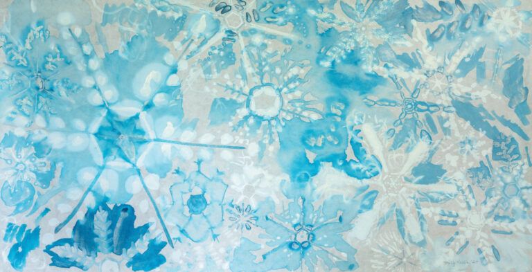 Alt text: watercolor painting of overlapping blue and white snowflakes