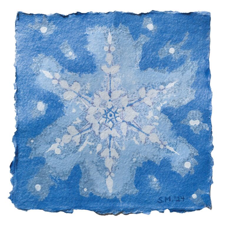 Alt text: watercolor painting of a snowflake in blue
