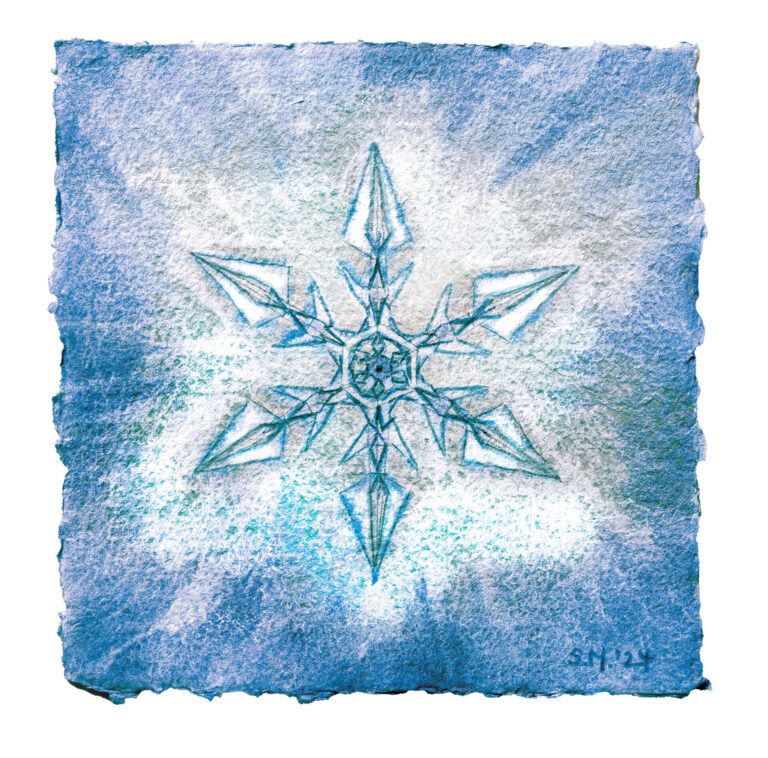 Alt text: watercolor painting of a snowflake in blue and white