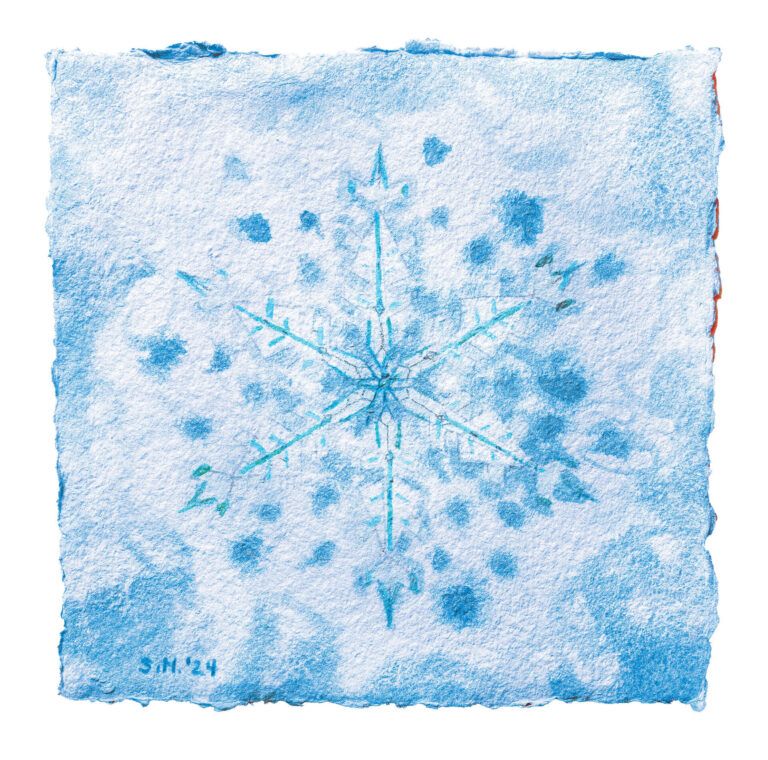 Alt text: watercolor painting of a snowflake in blue
