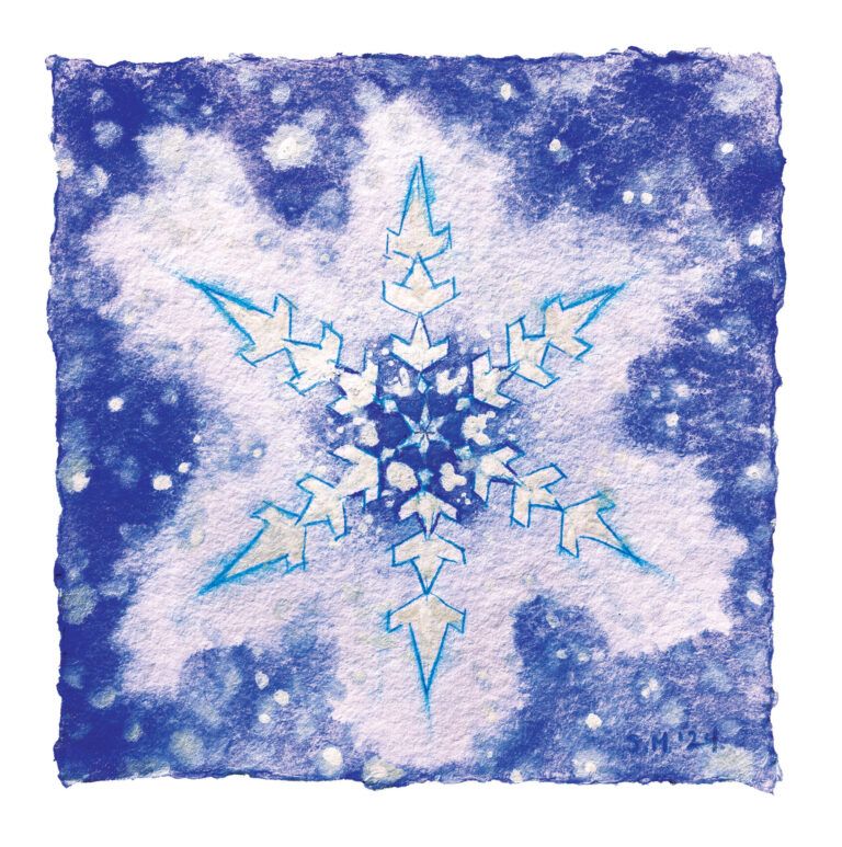 Alt text: watercolor painting of a snowflake in purple and blue