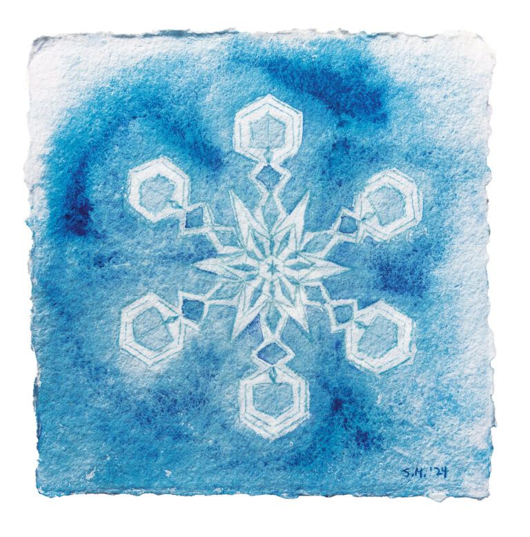 Alt text: watercolor painting of a snowflake in blue and white