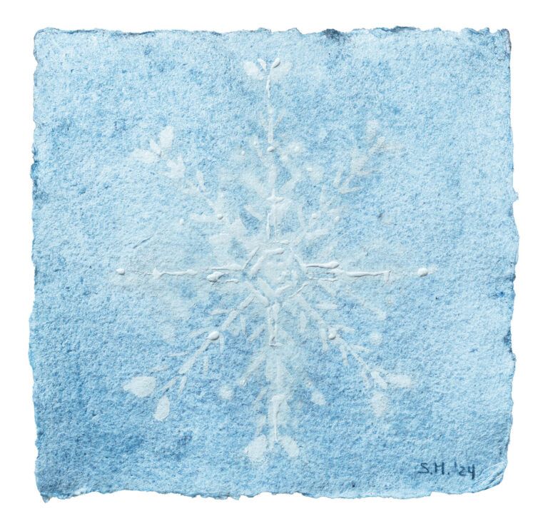 Alt text: watercolor painting of a snowflake in blue
