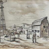 Alt text: Watercolor of men, horses, and a barn