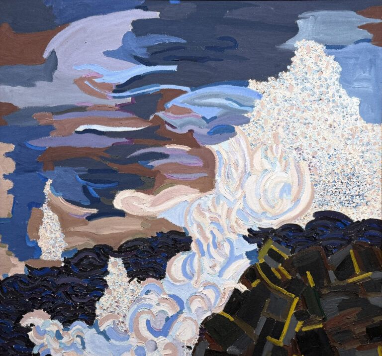 Alt text: Abstracted painting of surf and rocks