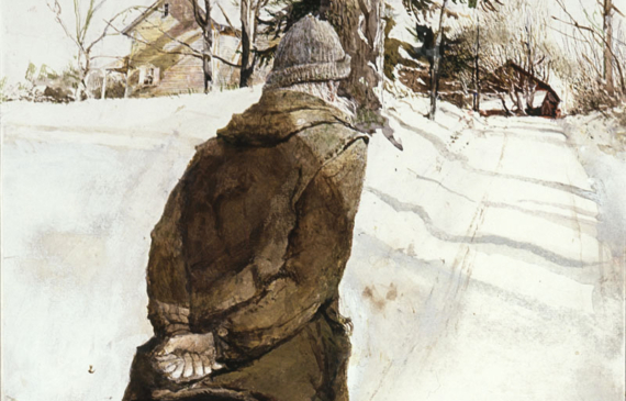 Alt text: Watercolor of a boy walking down a snowy road