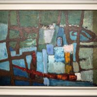 Alt text: Abstract blue, green, and black painting with red details, framed