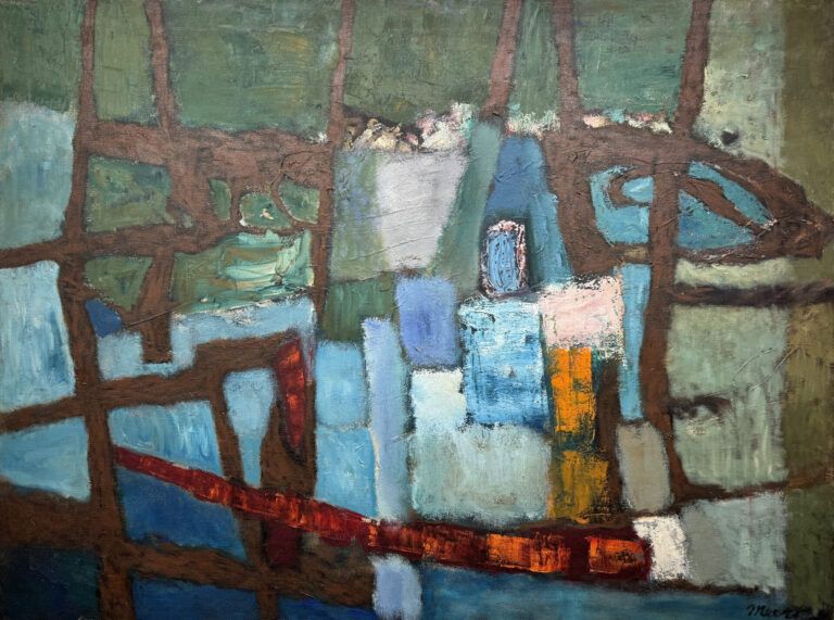 Alt text: Abstract blue, green, and black painting with red details