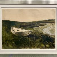 Alt text: Painting of a wooden boat in the grass