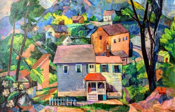Alt text: Painting of houses on a hillside