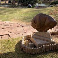 Alt text: Bronze sculpture of a bison, outdoor view