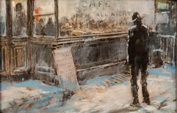 Alt text: Painting of a man standing before of a cafe