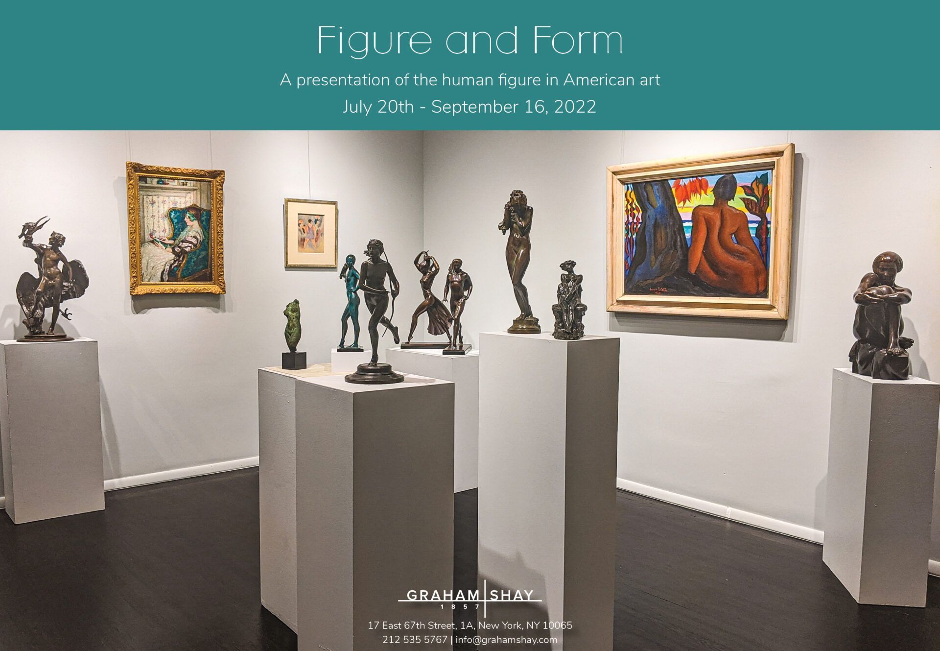 Alt text: Exhibition flyer for Figure and Form with installation shot