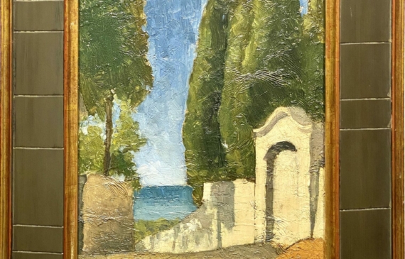 Alt text: oil painting of cypress trees and the sea