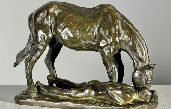 Alt text: Bronze sculpture of a horse and man drinking water