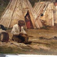 Alt text: Oil painting of a campsite