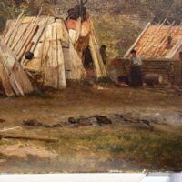 Alt text: Oil painting of a campsite