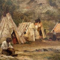 Alt text: Oil painting of a campsite