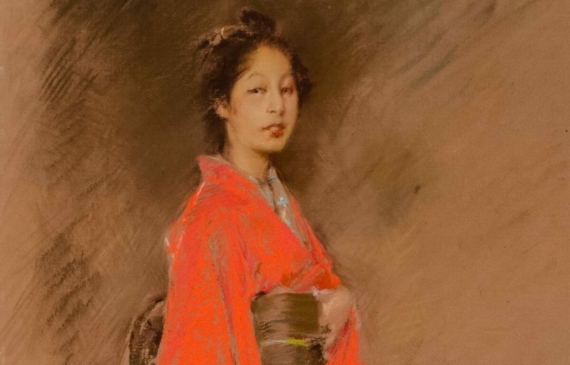 Alt text: Painting of a woman in a red kimono