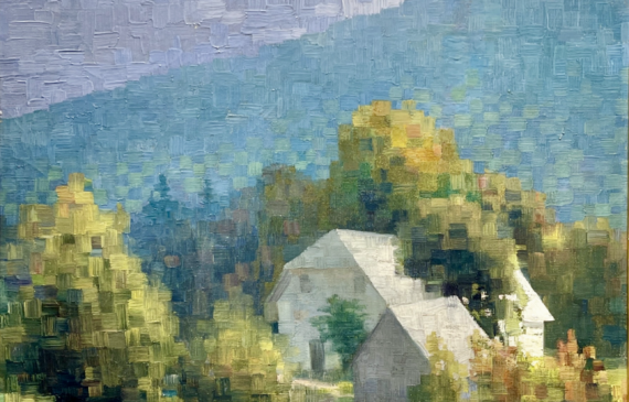 Alt text: Painting of a mountain home